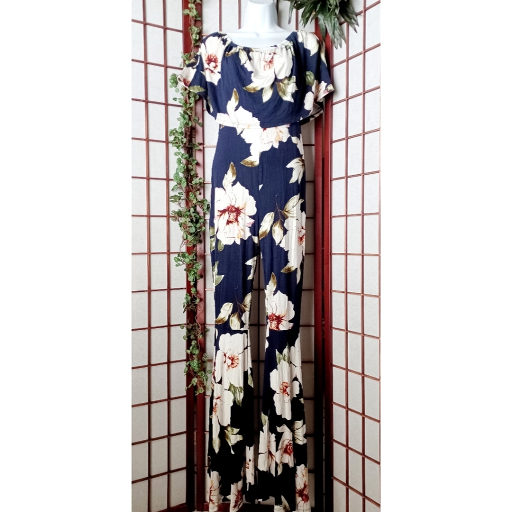 Awoo Blue-Multi Off-the-Shoulder Flutter Floral Wide-Leg Romper